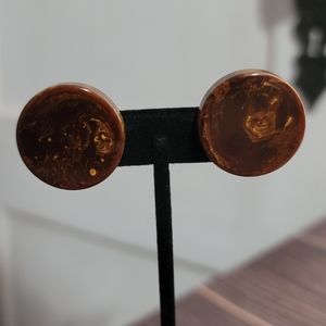 Vintage Clip on Bakelite Round Earrings - Brown